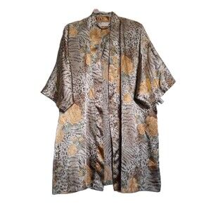 Vtg 90s Y2K Night Essence Satin Brown Gold Sage Floral Abstrac Kimono Robe XL